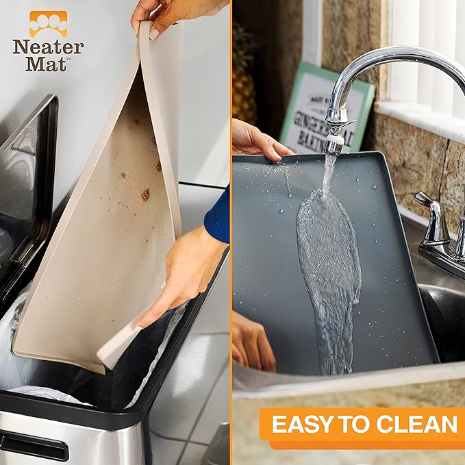 Neater Pet Brands Neater Mat Pet Mats for Food and Water, Cat & Dog Bowl Mat Waterproof Silicone, Feeding Tray, Dog Food Mats for Floors, Placemat w/Raised Edge for Under Bowls, 24" x 16", Light Gray
