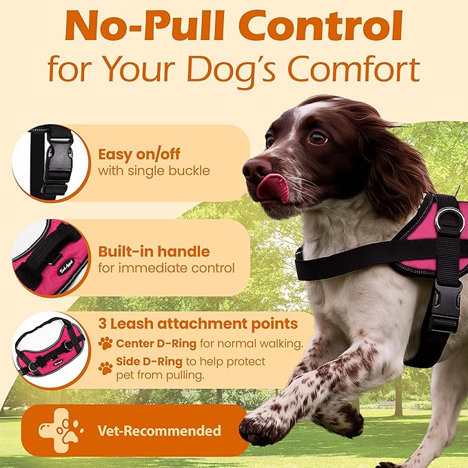 Bark Appeal Pink No-Pull Dog Harness for Large to Extra Large Sized Pets – Adjustable, Reflective Vest with 3 Leash Clips for Added Control, Easy Walks & Training – XL