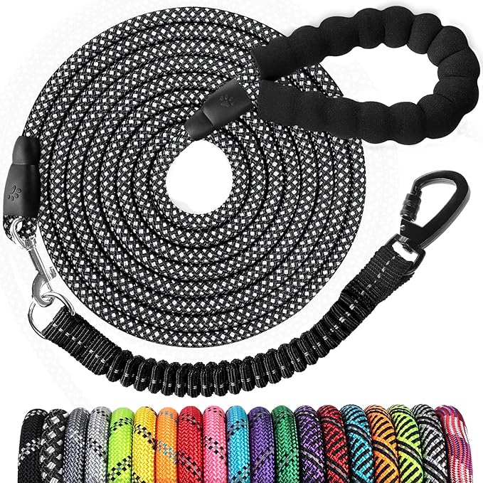 jenico Long Dog Leash 10FT: Heavy Duty Rope Leashes for Dogs Training with Swivel Lockable Hook Reflective Threads Bungee and Padded Handle - Dog Lead for Large Small Medium Dogs Outside Walking