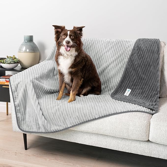PetAmi Waterproof Dog Blanket, Leakproof Pet Blanket for Small Medium Large Dog, Reversible Furniture Bed Sofa Couch Cover Protector, Soft Striped Pet Throw for Indoor Cat, 24x32 in, Grey Light Gray