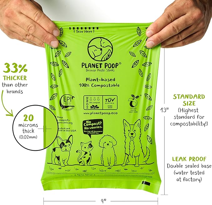 PLANET POOP Home Compostable Dog Poop Bags on Refill Rolls, 120 Un-Scented Pet Waste Bags, Thick Leakproof Plant-Based Doggy Bag, Cat & Dogs Supplies