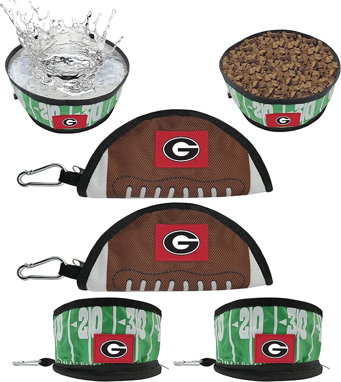 Pets First NCAA Georgia Bulldogs Collapsible Dog Travel Bowl Set, 2 Pack Food & Water Bowls for Dogs, Best Portable & Lightweight Leak-Proof Dog Bowls for Travel