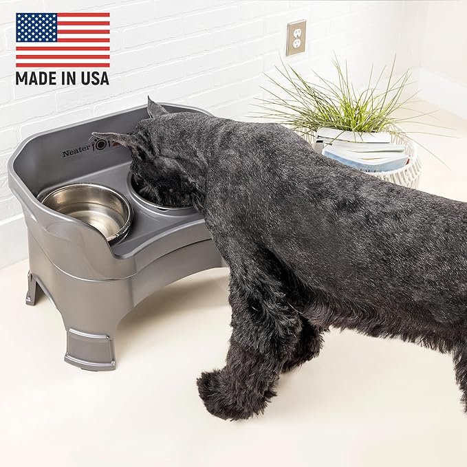 Neater Feeder Deluxe Mess Proof Dog Bowls Elevated for Large Breeds – Made in USA – No Spill Raised Slow Feeder Elevated Dog Bowl Stand w/Leg Extensions, Food and Water Bowl Set, Grey