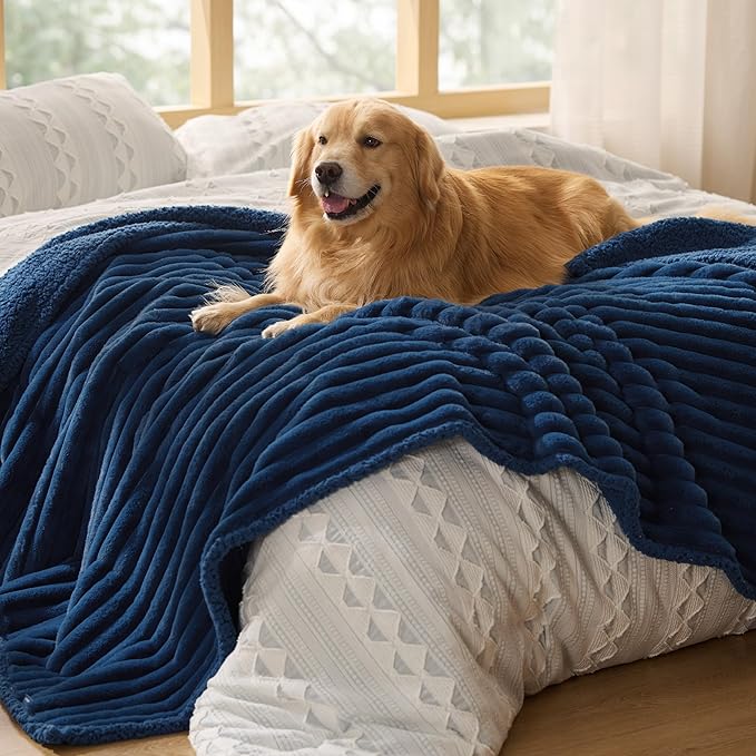 Bedsure ComfyFleece Waterproof Dog Blankets for Large Dogs - Soft Pet Cat Blanket Corduroy Fleece for Bed Protector Washable, Cozy Calming Reversible Furniture Protection,60"x80", Navy Blue