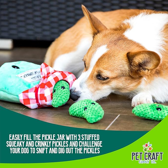 Pet Craft Supply Hide and Seek Plush Dog Toys Crinkle Squeaky Interactive Burrow Activity Puzzle Chew Fetch Treat Hiding Brain Stimulating Cute Funny Toy Bundle Pack -Pickles, for Medium Breeds