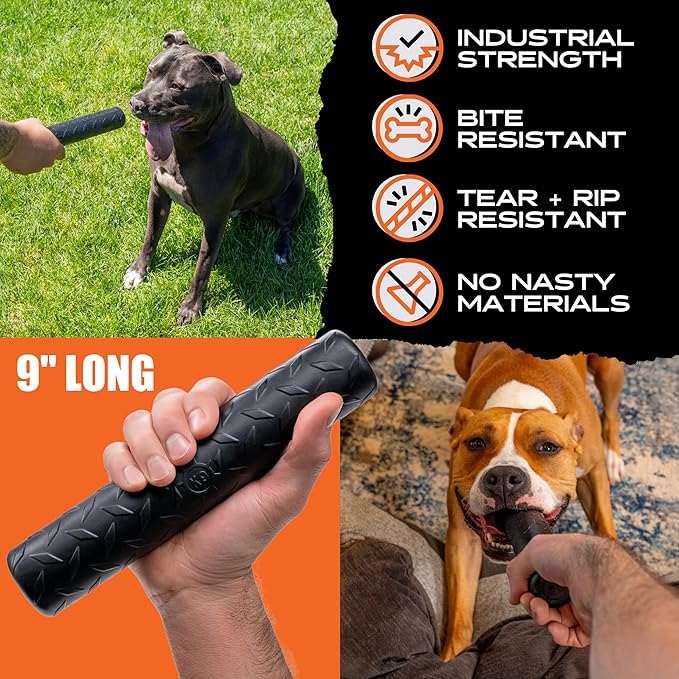 Monster K9 Indestructible Stick Dog Toy - Lifetime Replacement - Durable for Aggressive Chewers - Safe Non-Toxic Natural Rubber - Chew, Tug & Fetch - Tough, Heavy Duty - USA Made - Solid-Core, 9" x 2"