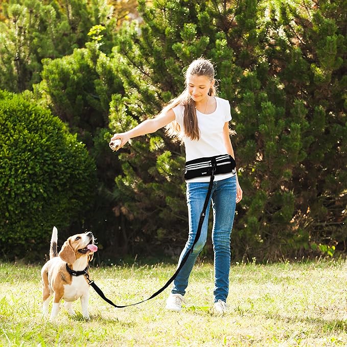 Kruz Hands Free Dog Leash (Waist 26”- 48”, Leash- 1”x 5ft) Premium Waist Belt for Walking, Running, & Hiking, Bungee with Dual Handles, Adjustable Fit, Reflective Safety Design for Large Dogs (Black)