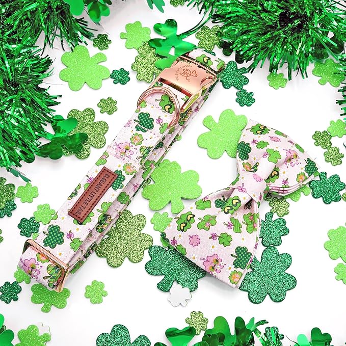 Elegant little tail St Patrick's Dog Collar, Cute Colver Cotton Shamrock Pet Collar Trefoil Soft Puppy Collar Pink Holiday Adjustable Cotton Pet Collar with Bow for Small Medium Large Dogs