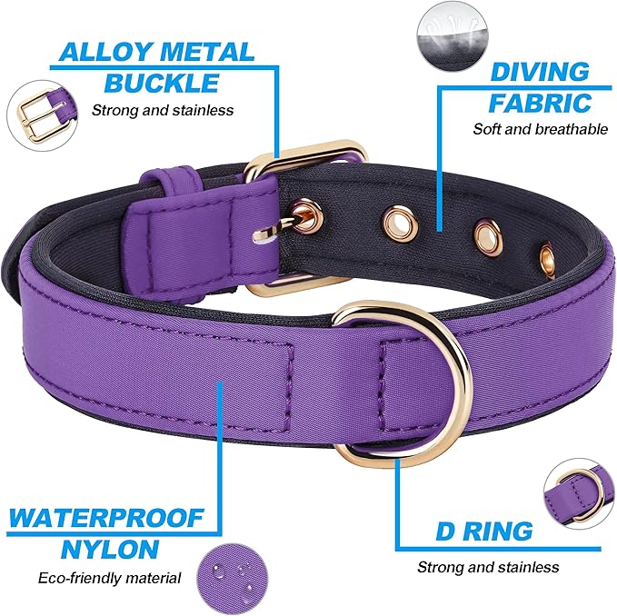 Didog Soft Padded Dog Collar for Large Dogs, Lightweight and Breathable Dog Collar with Metal Buckle, Purple, XL