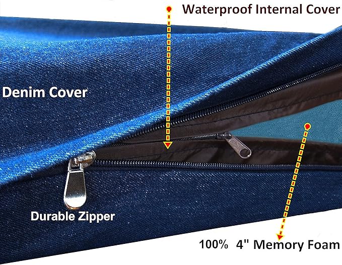 Dogbed4less Memory Foam Dog Bed for Extra Large Dogs, Orthopedic Ultra Plush Mattress, Thick Waterproof Lining and Durable Blue Denim Cover, Jumbo