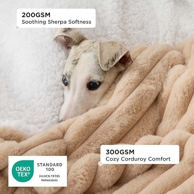 Bedsure ComfyFleece Waterproof Dog Blankets for Large Dogs - Soft Pet Cat Blanket Corduroy Fleece for Couch Bed Protector Washable, Cozy Calming Reversible Furniture Protection,50"x60", Tuscan Beige
