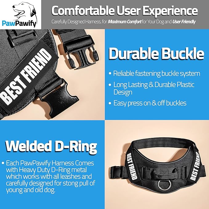 PawPawify Personalized No Pull Dog Harness with 2 Custom Name & Phone Patches, Reflective Breathable Pet Vest for Walking Training, Adjustable Heavy Duty Service Dog Vest for Small Medium Large Dogs