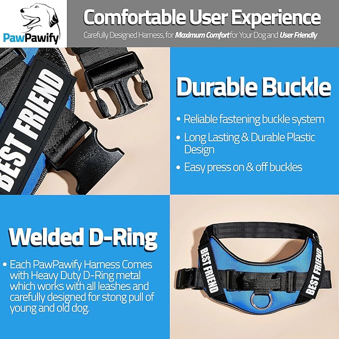 PawPawify Personalized No Pull Dog Harness with 2 Custom Name & Phone Patches, Reflective Breathable Pet Vest for Walking Training, Adjustable Heavy Duty Service Dog Vest for Small Medium Large Dogs