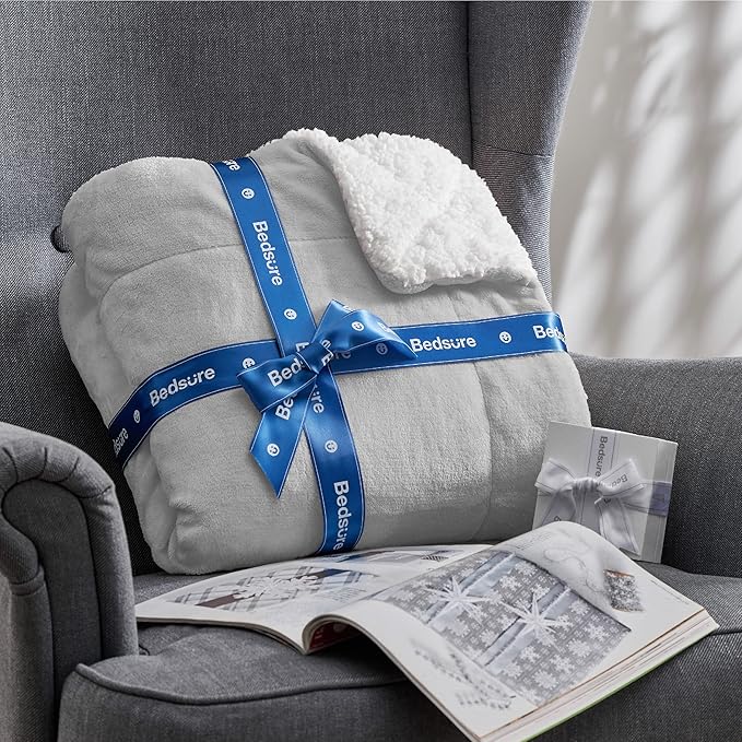 Bedsure GentleSoft Sherpa Fleece Twin Size Blanket for Couch, Non-Heated, Thick and Warm Throw for Women and Men, Soft Fuzzy Plush Twin Blanket for Winter, Light Grey, 60x80 Inches