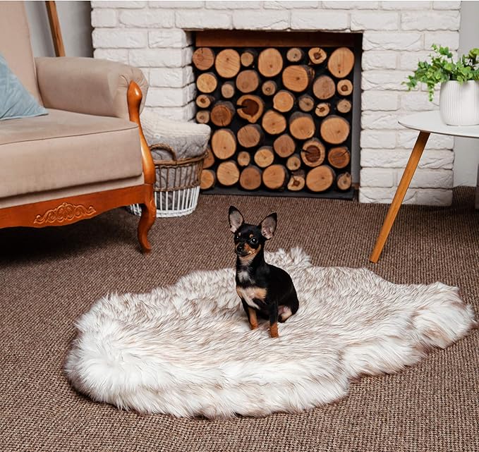 IHAPPYDOG Luxury Faux Fur Orthopedic Dog Bed, Memory Foam Dog Bed for Small, Medium, Large and XL Pets, Fluffy Pet Bed with Waterproof and Washable Cover (White w/Brown Tips, 30"x20")