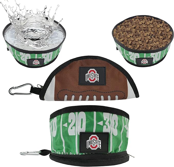 Pets First NCAA Ohio State Buckeyes Collapsible Dog Travel Bowl, Food and Water Bowl for Dogs & Cats. Lightweight Leak-Proof Pet Bowl for Travel with Football Field & Pebble-Grain Design