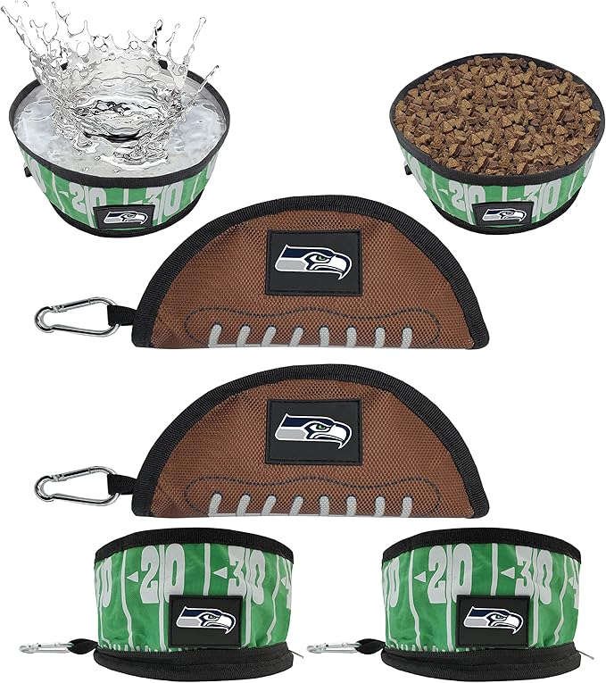 NFL Seattle Seahawks Pets First Collapsible Dog Travel Bowl Set, 2 Pack Food and Water Bowls for Dogs, Best Portable & Lightweight Leak-Proof Dog Bowls for Travel