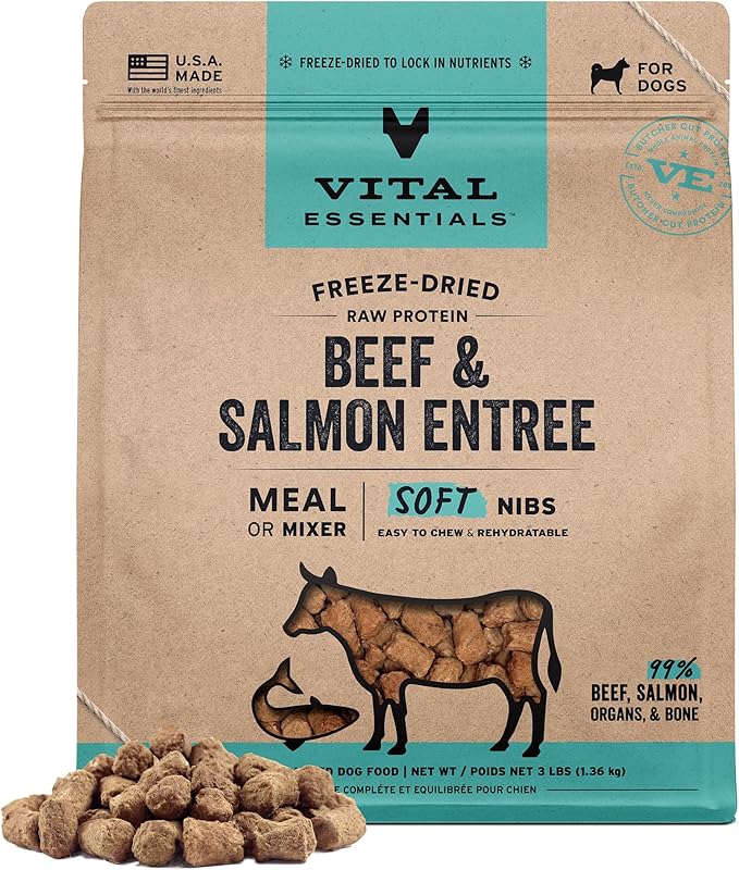 Vital Essentials Freeze Dried Dog Food, Raw Beef & Salmon Soft Nibs | Complete Meal or Mixer | 99% Beef, Salmon, Organs & Bone | 3 lbs Big Bag