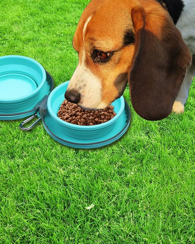 KALLAK Collapsible Silicone Twin Bowls with Zipper Silicone Case, 2 in 1 Portable Travel Dog Feeder, Pop Out Non-Skid Food and Water Bowl with Carabiner Clip