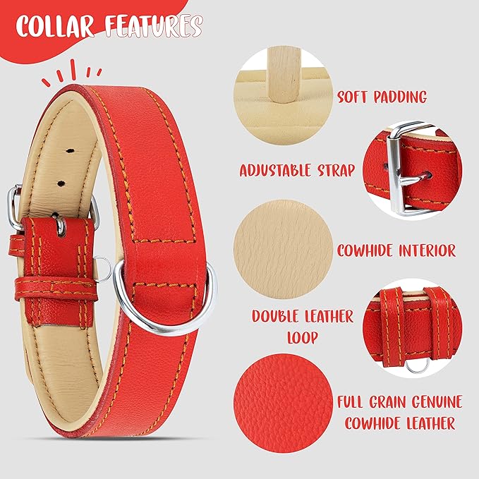 Riparo Red Leather Dog Collar - Heavy Duty Wide Dog Collar for Small, Medium, Large and Extra Large Dogs with Dog Tag Holder (XL: 1.75" Wide for 21”-25” Neck, Red)