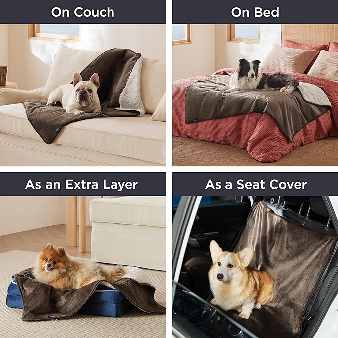 Bedsure Waterproof Blanket for Bed - Sherpa Fleece Waterproof Dog Blankets for Large Dogs, Pet Blankets for Bed/Couch/Dog Crate, Soft Plush Reversible Furniture Protector, Twin Size, 80"x60", Brown