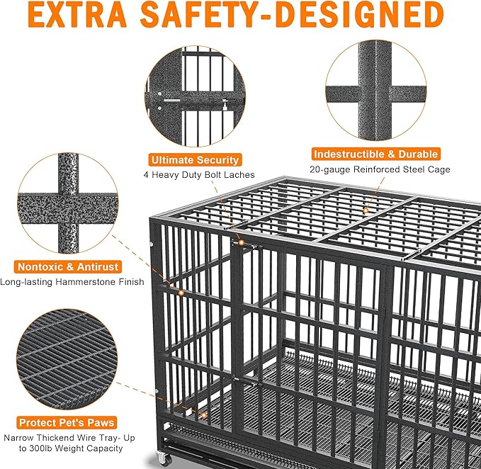 38 inch Heavy Duty Indestructible and Escape-Proof Dog Crate Cage Kennel for Large Dogs, High Anxiety Dog Crate with Removable Wire Trays and Wheels, Extra Large XL XXL, Black