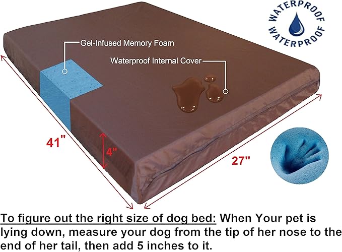 Dogbed4less Orthopedic Dog Bed with Memory Foam for Medium Large Pet, Waterproof Liner with Strong Ballistic Nylon Brown External Cover, 41X27X4 Inch Fit 42X28 Crate