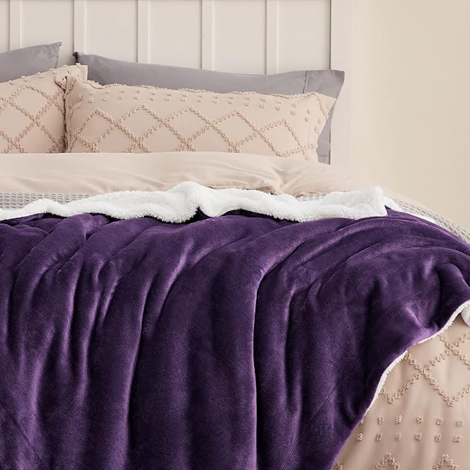 Bedsure GentleSoft Sherpa Fleece Blanket Queen Size for Bed, Non-Heated, Thick and Warm Throw Gifts for Women and Girls, Soft Fuzzy Plush Queen Blanket for Winter, Purple, 90x90 Inches