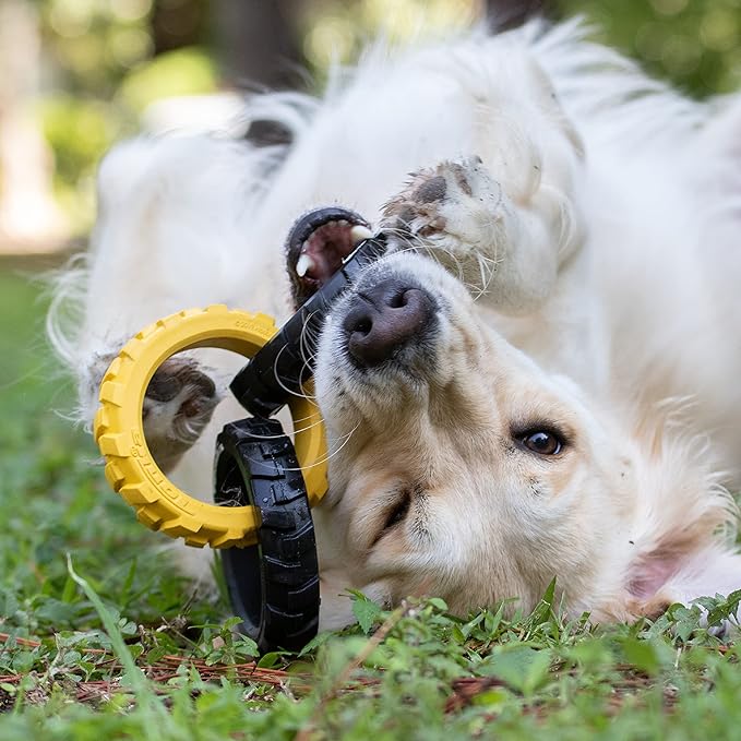 Tonka Rubber 3-Ring Tug Dog Toy, Lightweight, Durable and Water Resistant, 7.5 Inches, for Medium/Large Breeds, Single Unit, Yellow/Black