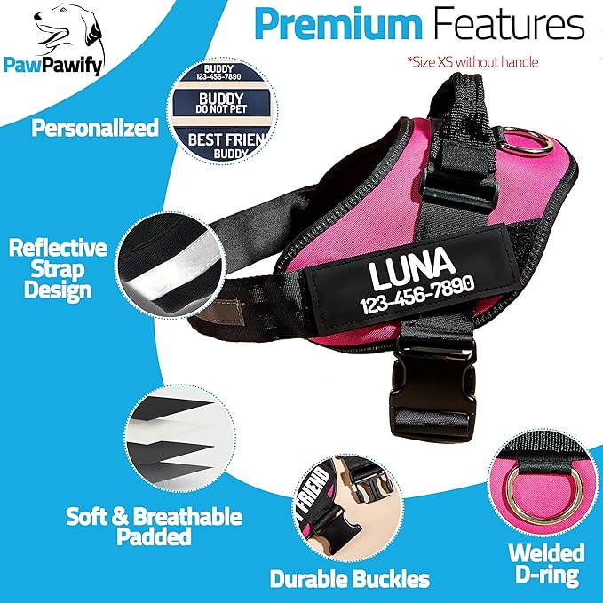 PawPawify Personalized No Pull Dog Harness with 2 Custom Name & Phone Patches, Reflective Breathable Pet Vest for Walking Training, Adjustable Heavy Duty Service Dog Vest for Small Medium Large Dogs