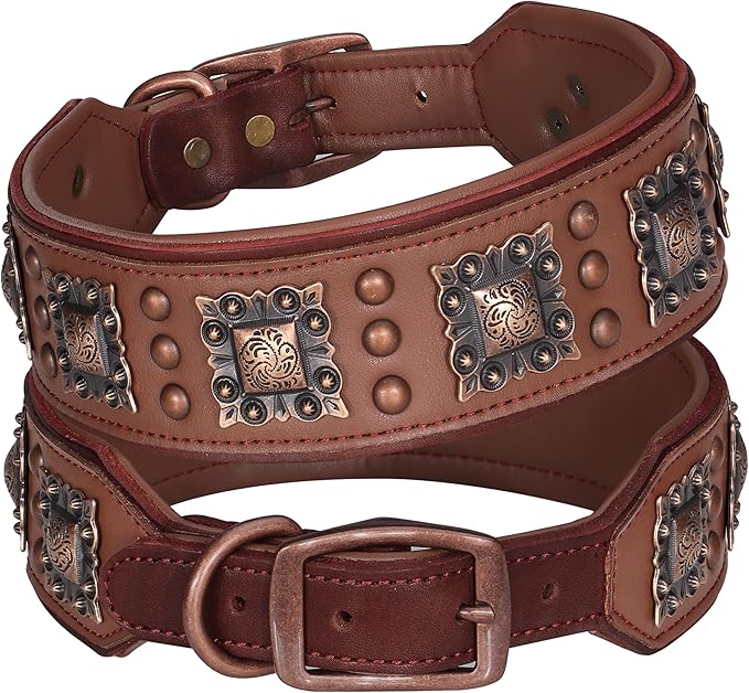 PET ARTIST Genuine Leather Dog Collar for Large Dogs, 2 inch Wide Luxury Dog Collar with Rivet Studded & Metal Buckle, Comfortable & Stylish Pet Collars for Great Dane Rottweiler,Brown,Neck 22-25"