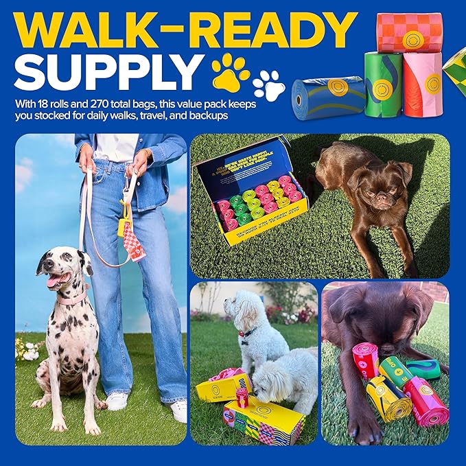 Dog Poop Bags Rolls 270 Count (18 Rolls) - 14" Long, Ultra-Thick, up to 300% Stronger Unscented Poop Dags for Dogs - Leak Proof Pet Waste Bags with 30% Plant-Derived Materials