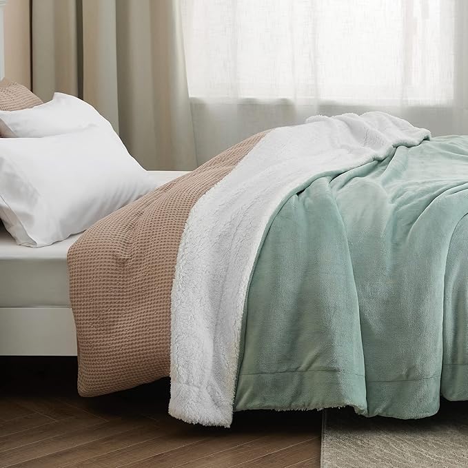 Bedsure GentleSoft Sherpa Fleece Blanket Queen Size for Bed, Non-Heated, Thick and Warm Throw for Women and Men, Soft Fuzzy Plush Queen Blanket for Winter, Sage Green, 90x90 Inches