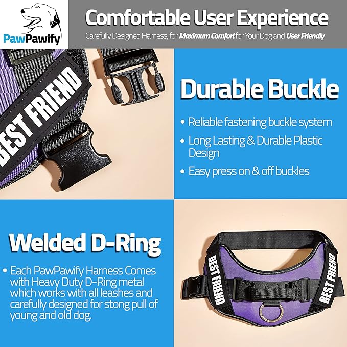 PawPawify Personalized No Pull Dog Harness with 2 Custom Name & Phone Patches, Reflective Breathable Pet Vest for Walking Training, Adjustable Heavy Duty Service Dog Vest for Small Medium Large Dogs