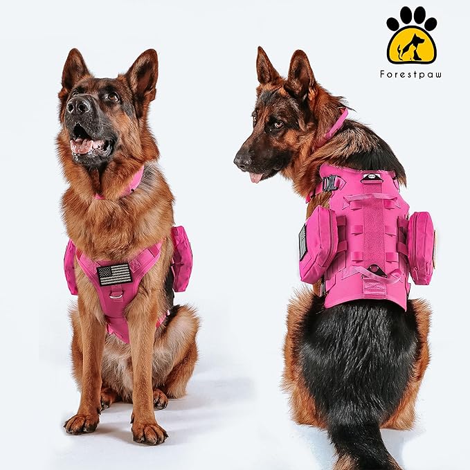 Forestpaw Dog Harness for Large Dogs,Tactical Dog Harness with Handle,No Pull Military Service Dog Vest with Pockets Adjustable for Walking Training,Hot Pink,Chest 21.5-45"