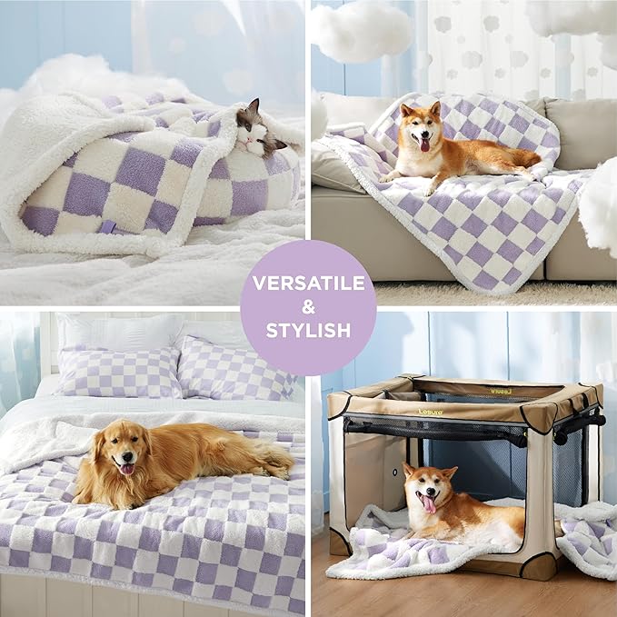 LE SURE Waterproof Dog Blanket for Large Dogs - Washable Double Sided Dog Blankets with Warm Jacquard Shag and Soft Sherpa Fleece, Pet Cat Blanket for Bed Couch Protection, 3D Textured Checks, Purple