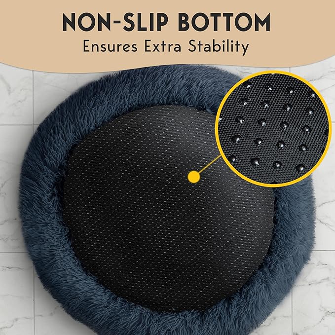 PetJett Calming Dog Beds Large Sized Dog - 36'' Round Bed, Anti-Slip & Washable Super Soft Donut Bed, Fluffy Faux Fur Anti-Anxiety Premium Comfort Pet Bed, Fits Dogs up to 80 lbs - Dark Grey