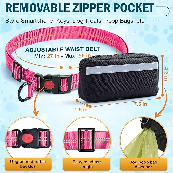 Hands Free Dog Leash with Waist Belt – No-Pull Bungee, Dual Padded Handles & Zipper Pouch for Running, Walking & Training – Adjustable Waist Leash for Large & Medium Dogs