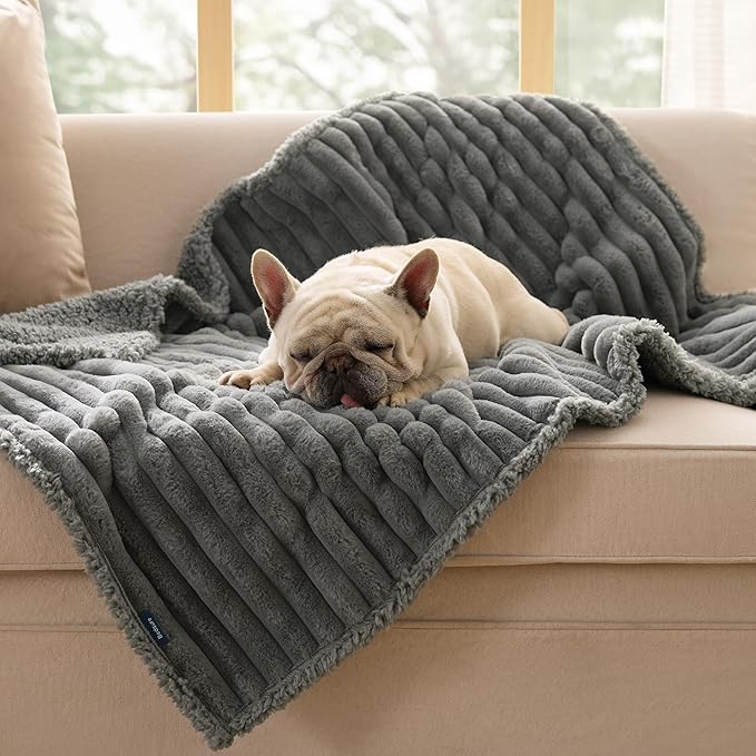 Bedsure ComfyFleece Waterproof Dog Blankets for Medium Dogs - Soft Puppy Cat Blanket Corduroy Fleece Washable, Cozy Calming Reversible Furniture Protection for Pet Kitten Doggy,30"x40", Warm Grey