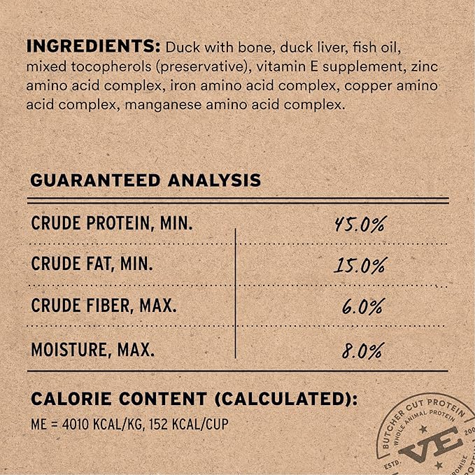 Vital Essentials Freeze Dried Dog Food, Raw Duck Soft Nibs | Complete Meal or Mixer | 99% Duck, Organs & Bone | High Protein, Low Carb, Grain Free, Dry Dog Food | 14 oz
