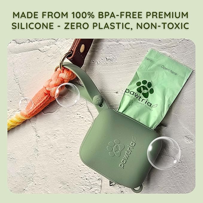 Premium Silicone Dog Poop Bag Dispenser (Matte Green) with 1 Roll of Pawtria's Dog Poop Bags, BPA-Free, Leak Proof, Zero Waste, Zero Plastic, Supports Rescue Dogs (Dispenser + 15 Poop Bags)