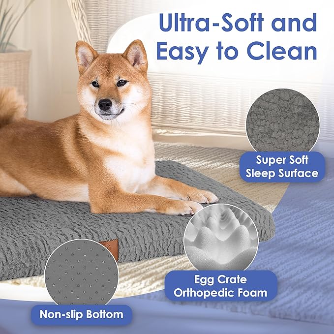 American Kennel Club Orthopedic Memory Foam Dog Crate Mat, Egg Crate Foam Cushion, Washable Cover, Non-Slip Base, Eases Joint Pain, Breathable, Durable, 36x23, Gray