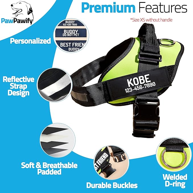 PawPawify Personalized No Pull Dog Harness with 2 Custom Name & Phone Patches, Reflective Breathable Pet Vest for Walking Training, Adjustable Heavy Duty Service Dog Vest for Small Medium Large Dogs