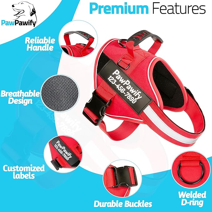 PawPawify Personalized No Pull Dog Harness with 2 Custom Name & Phone Patches, Reflective Breathable Pet Vest for Walking Training, Adjustable Heavy Duty Service Dog Vest for Small Medium Large Dogs