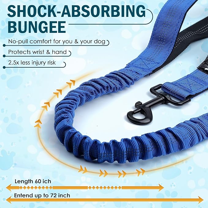 Hands Free Dog Leash with Waist Belt – No-Pull Bungee, Dual Padded Handles & Zipper Pouch for Running, Walking & Training – Adjustable Waist Leash for Large & Medium Dogs