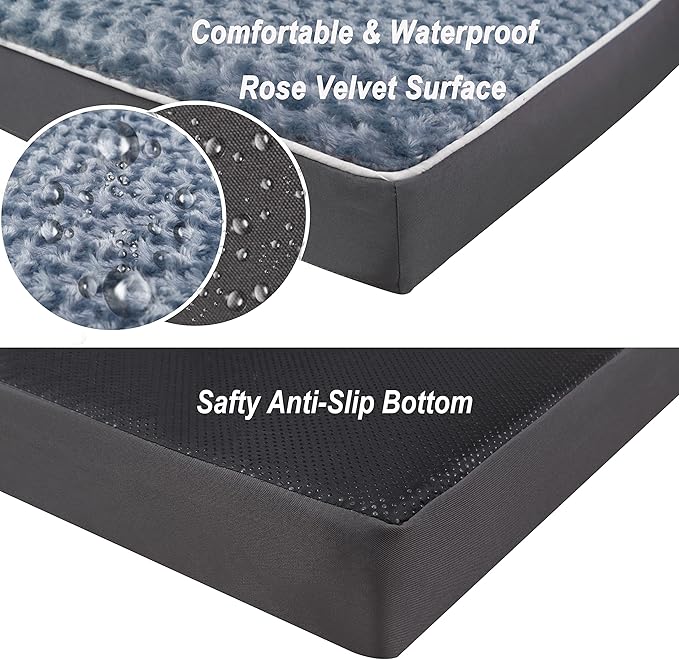 Dog Bed Mats for Large Jumbo Big Dog - Orthopedic Dog Pet Durable Crate Bed Mattress of Thick Egg Foam Crate, Rose Plush Cover, Waterproof Lining and Non-Slip Bottom (XXL(47''x29''x4''), Grey Side)