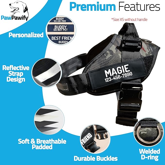PawPawify Personalized No Pull Dog Harness with 2 Custom Name & Phone Patches, Reflective Breathable Pet Vest for Walking Training, Adjustable Heavy Duty Service Dog Vest for Small Medium Large Dogs