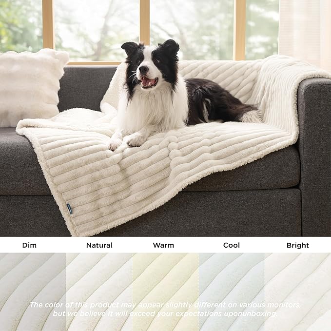 Bedsure ComfyFleece Waterproof Dog Blankets for Large Dogs - Soft Pet Cat Blanket Corduroy Fleece for Couch Bed Protector Washable, Cozy Calming Reversible Furniture Protection,50"x60", Cream