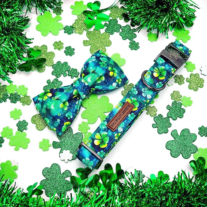 Elegant little tail St Patrick's Dog Collar, Green Cute Colver Cotton Shamrock Pet Collar Trefoil Puppy Collar Bow Holiday Adjustable Cotton Pet Collar for Small Medium Large Dogs