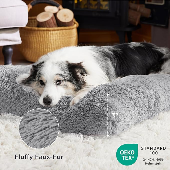 Bedsure Washable Large Dog Bed for Crate, Faux Fur Dog Crate Pad for Large Breed, Plush Soft Comfort Dogs Sleeping Mat, Anti-Slip Pet Kennel Pad, 35" x 23", Grey